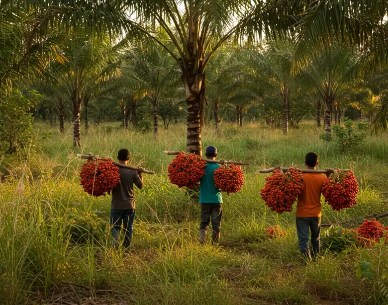 Três homens vistos de costas carregam cachos de frutos vermelhos de buriti pendurados em varas apoiadas em seus ombros, caminhando em um campo gramado com palmeiras ao fundo.