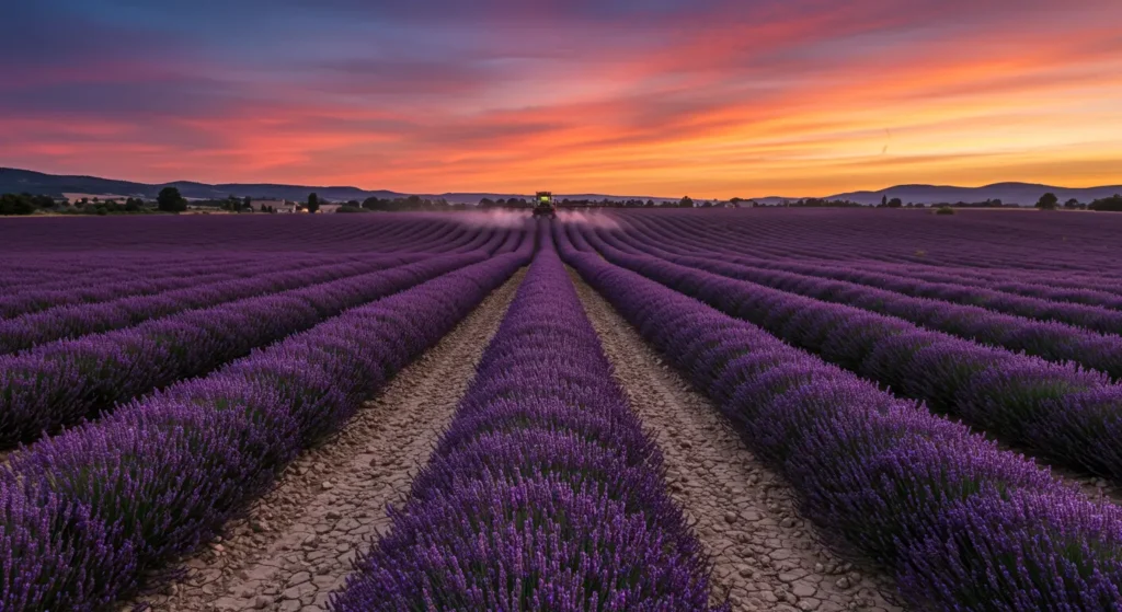 Monocultura de lavanda em floração, a repetição da espécie em larga escala suscita debates sobre biodiversidade e cultivo.