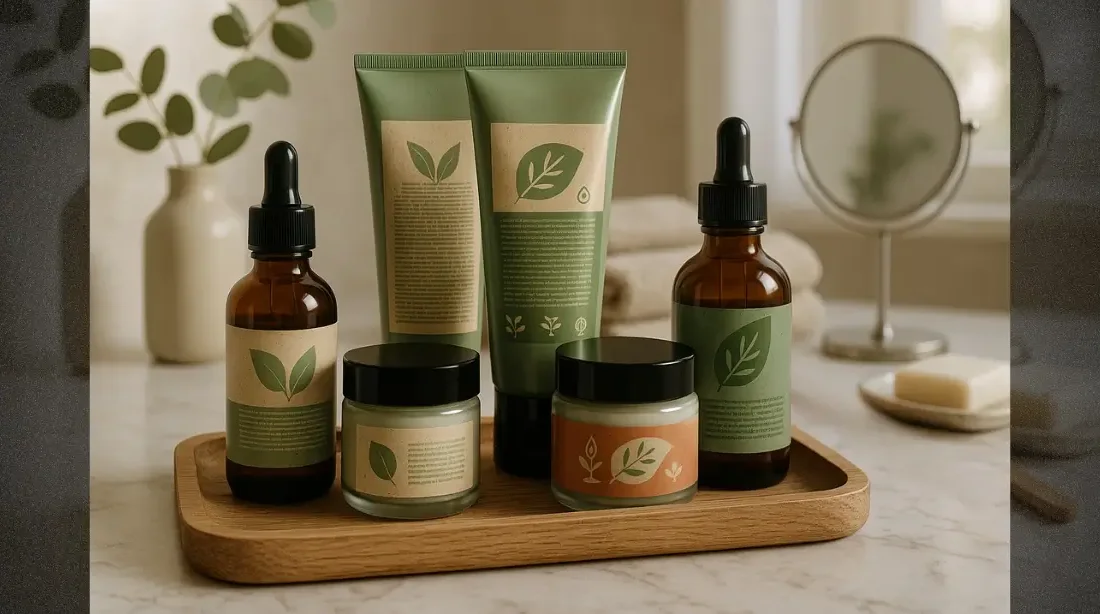 Cena representando Greenwashing em cosméticos: embalagem com cores verdes e imagens de folhas, sugerindo naturalidade, mas com indícios de práticas não sustentáveis.