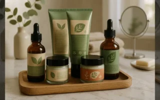 Cena representando Greenwashing em cosméticos: embalagem com cores verdes e imagens de folhas, sugerindo naturalidade, mas com indícios de práticas não sustentáveis.