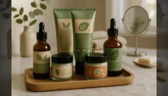 Cena representando Greenwashing em cosméticos: embalagem com cores verdes e imagens de folhas, sugerindo naturalidade, mas com indícios de práticas não sustentáveis.