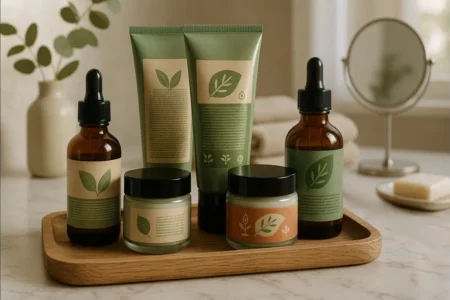 Cena representando Greenwashing em cosméticos: embalagem com cores verdes e imagens de folhas, sugerindo naturalidade, mas com indícios de práticas não sustentáveis.