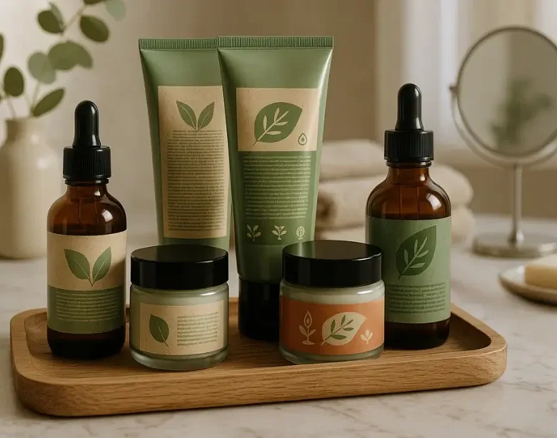 Cena representando Greenwashing em cosméticos: embalagem com cores verdes e imagens de folhas, sugerindo naturalidade, mas com indícios de práticas não sustentáveis.